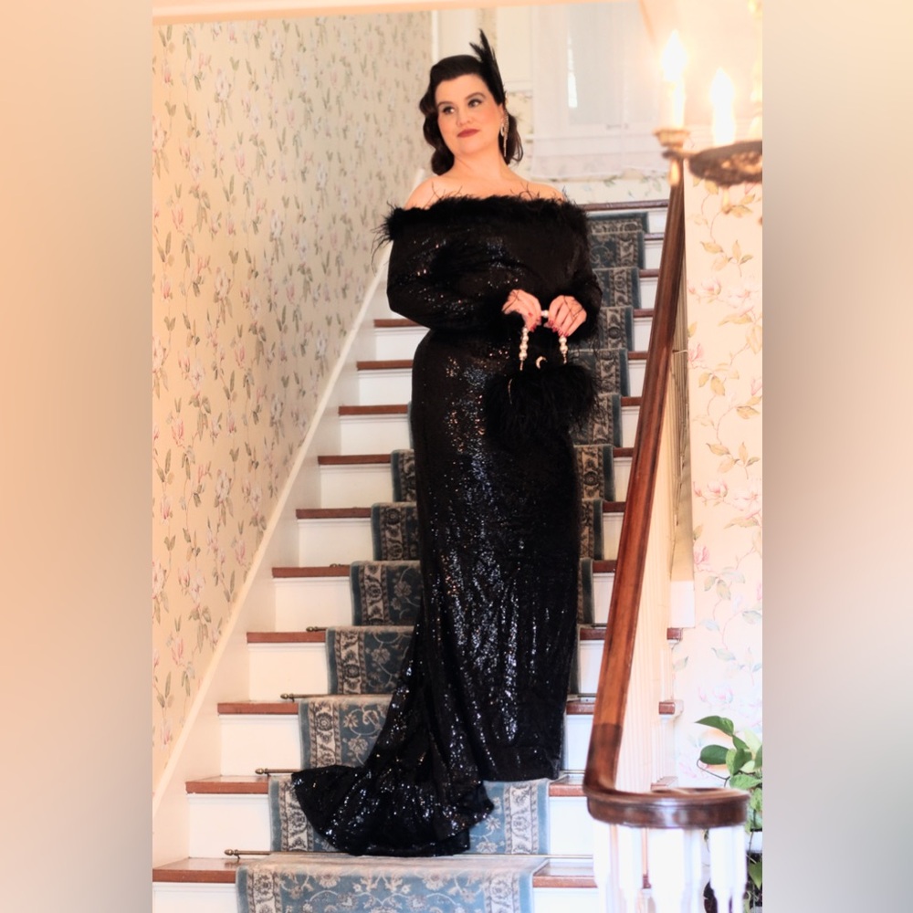 Elegant Black Sequin Gown with Feather Trim